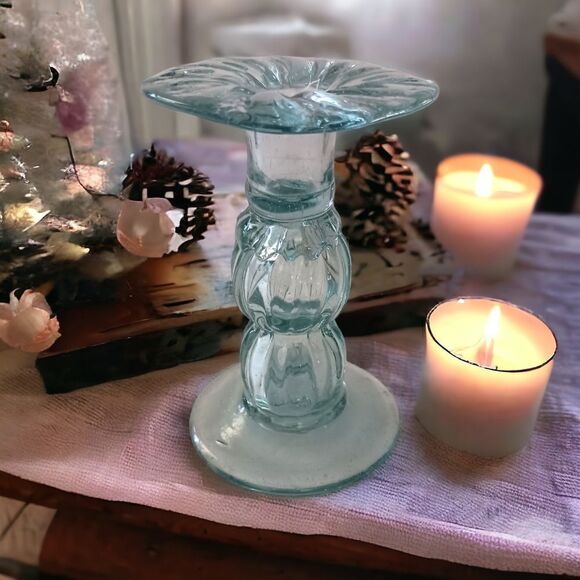 Hand Blown Art Glass Candlestick Holder Taper SINGLE ICY Blue Mexico Beachy Vtg. - Picture 10 of 13